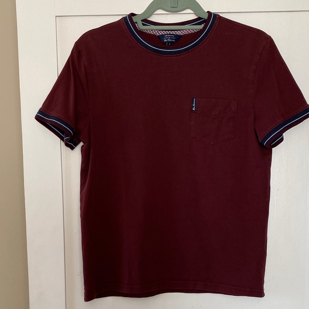 Ben Sherman Burgundy Pocket T-Shirt with Striped Trim